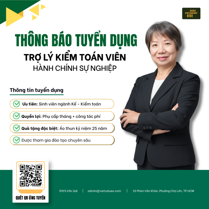  VIETVALUES - THÔNG BÁO TUYỂN DỤNG TRỢ LÝ KIỂM TOÁN VIÊN HÀNH CHÍNH SỰ NGHIỆP 2026 